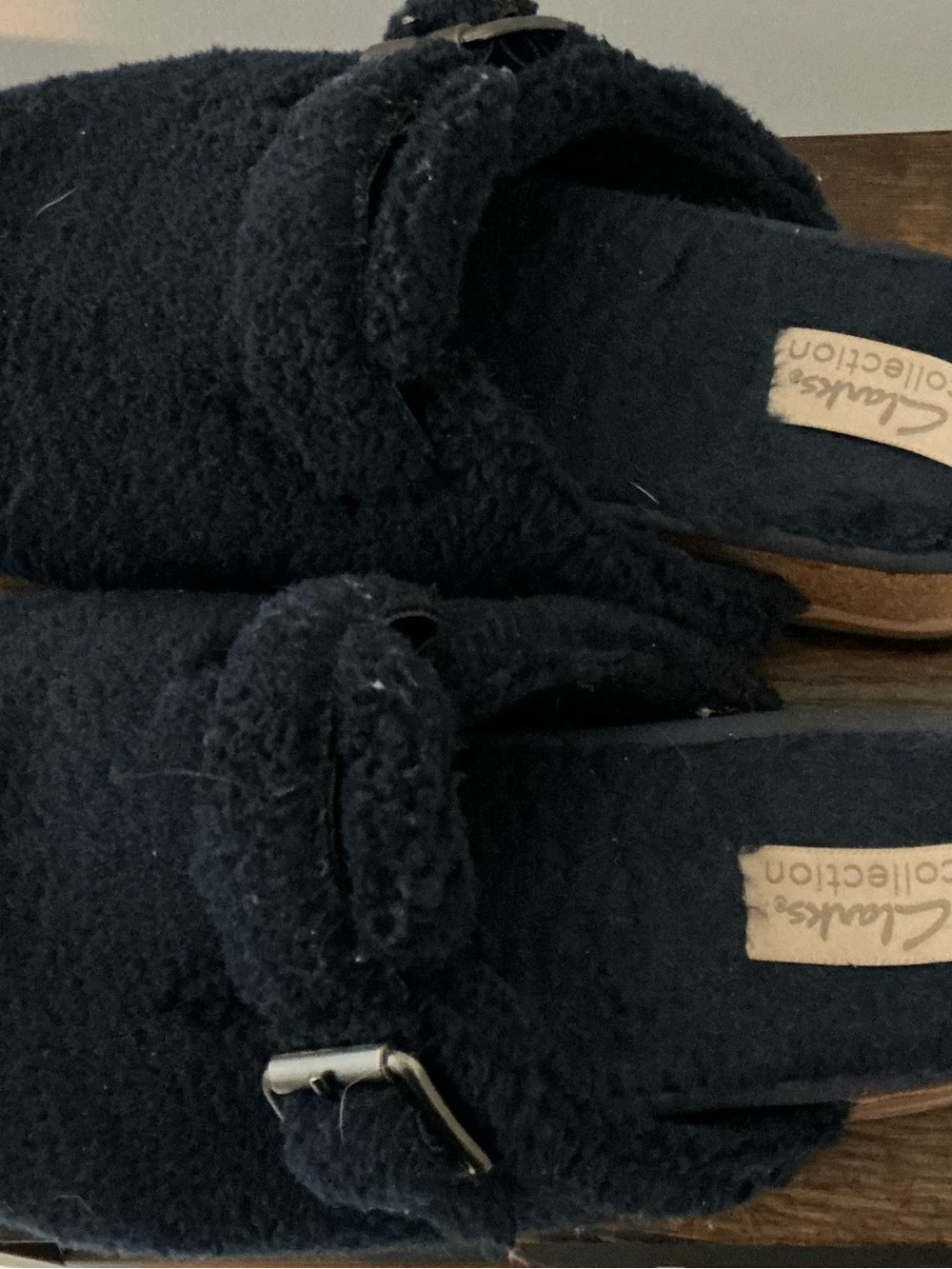 Clarks Collection Navy Fleece Cork Footbed Slide Mules